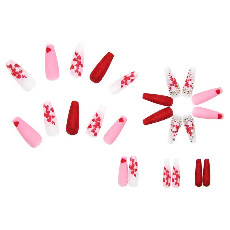 3D fake nails accessories red heart with glitter diamond designs long french coffin tips faux ongles press on false nails set