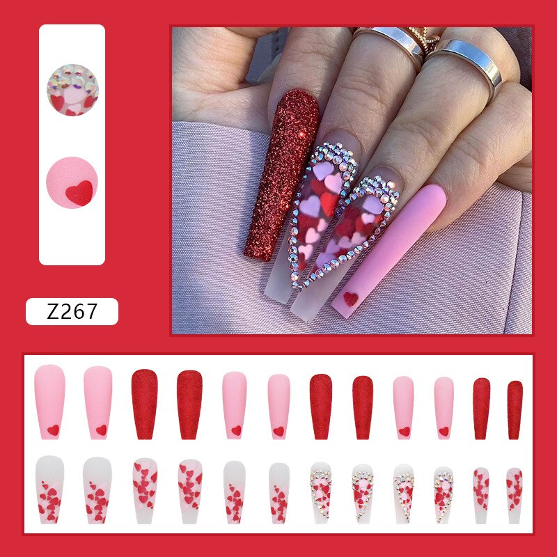 3D fake nails accessories red heart with glitter diamond designs long french coffin tips faux ongles press on false nails set Default Title