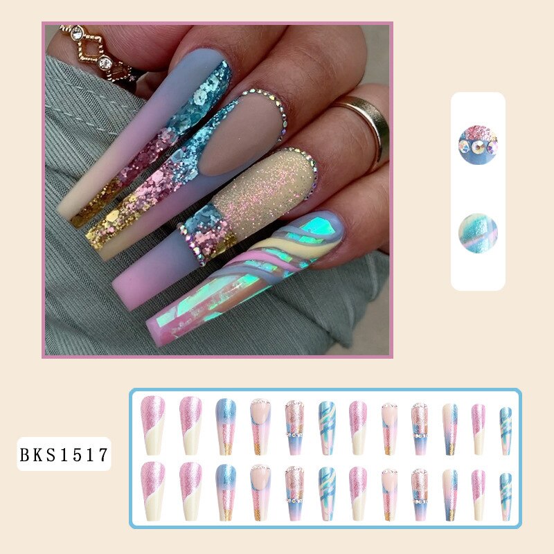 3D fake nails accessories super flash glitter rainbow daimond long french coffin tips faux ongles press on false nail supplies