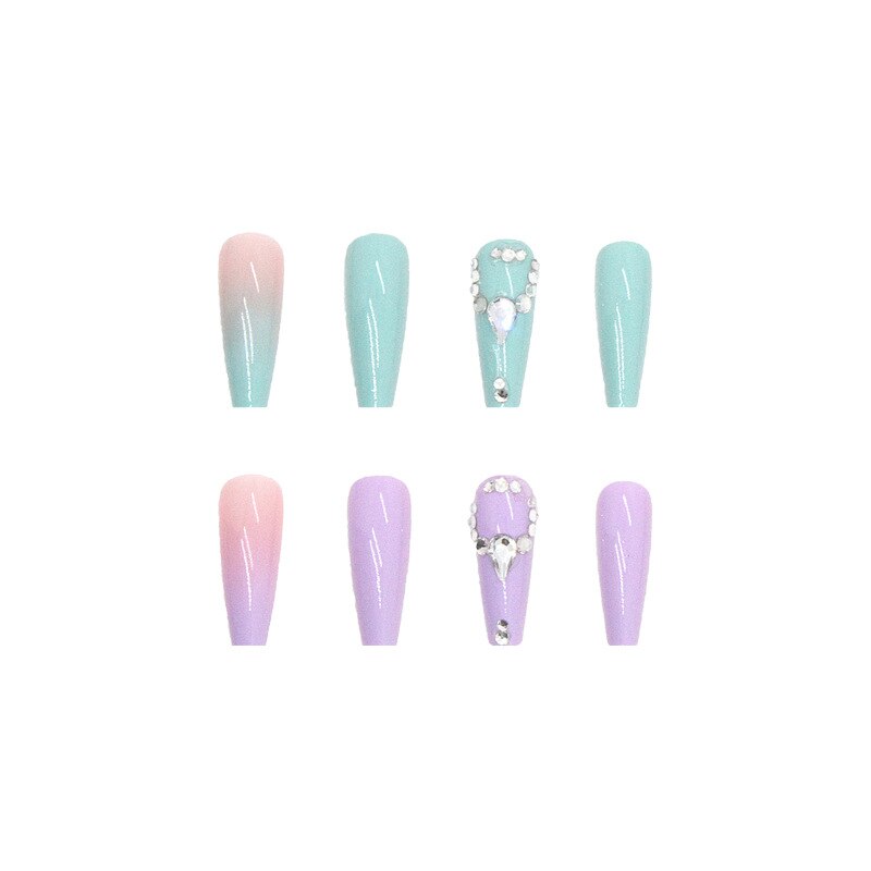 3D fake nails green purple Double Color long french coffin tips with diamond glitters faux ongles press on false nail supplies