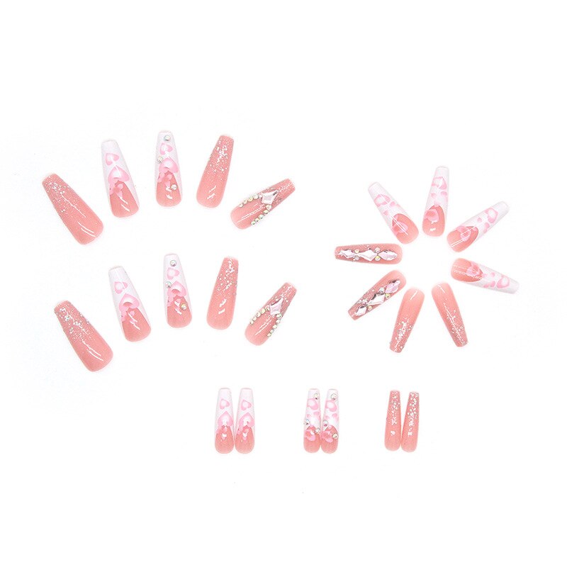 3D fake nails set Pink heart butterfly with glitter diamond long french coffin tips strobe faux ongles press on false nail kit