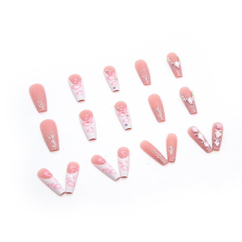 3D fake nails set Pink heart butterfly with glitter diamond long french coffin tips strobe faux ongles press on false nail kit