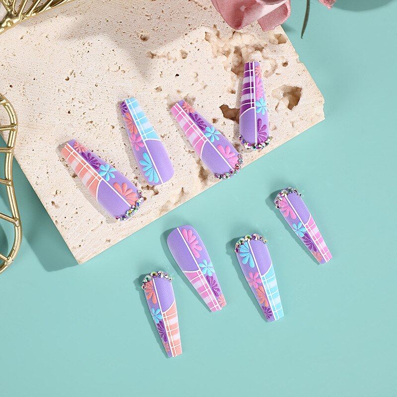 3D fake nails set accessories colorful flowers long french coffin wearing tips faux ongles press on acrylic false nail supplies