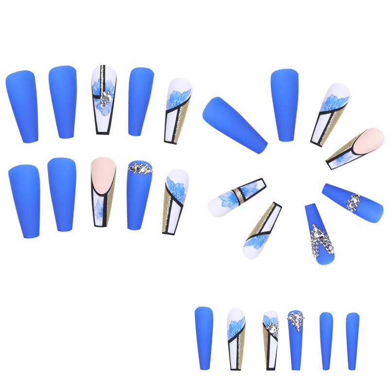 3D fake nails set blue flowers with glitter diamond designs Spicy Girl Matte long french coffin tips press on false nail supplie