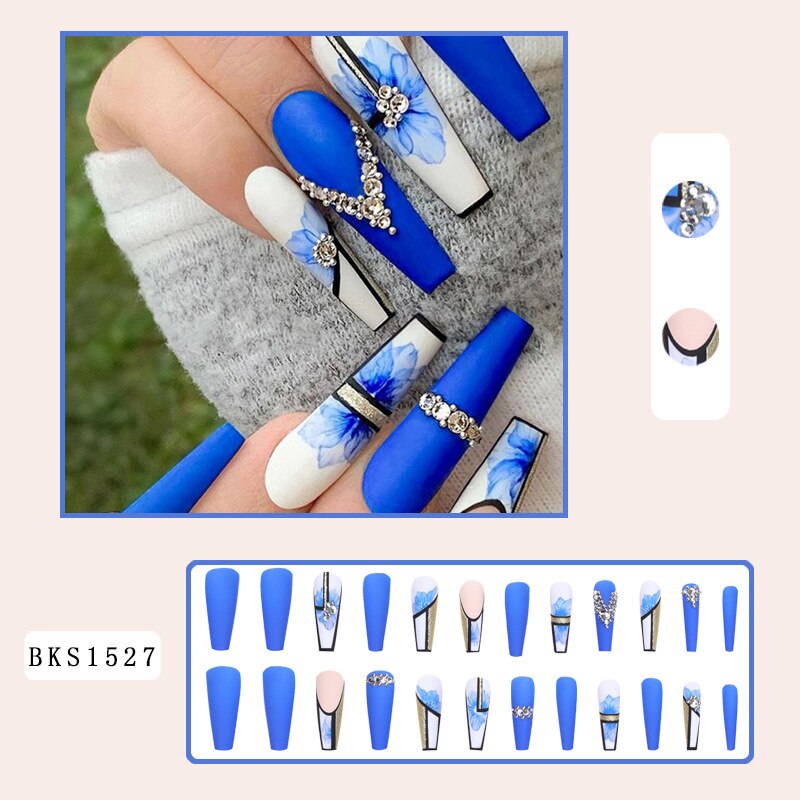 3D fake nails set blue flowers with glitter diamond designs Spicy Girl Matte long french coffin tips press on false nail supplie Default Title