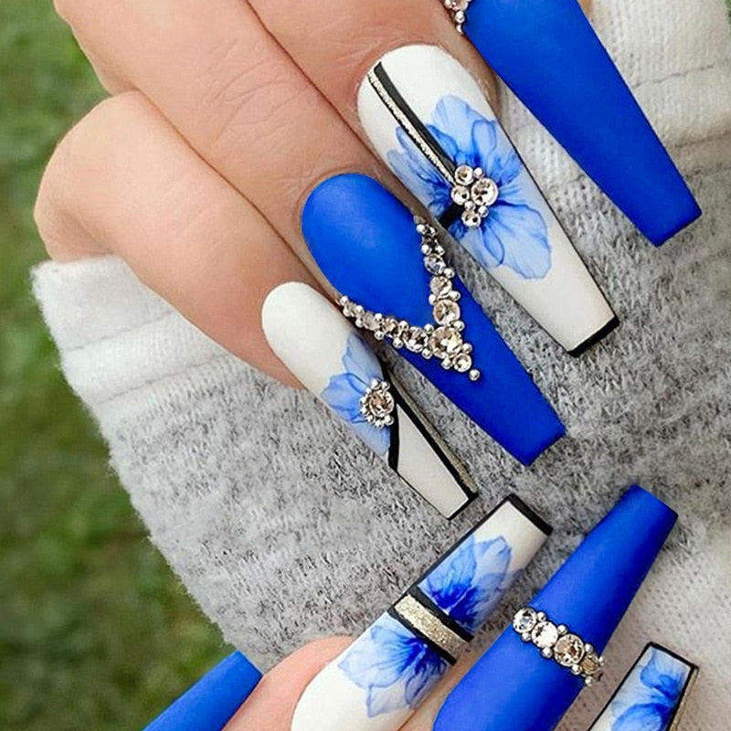 3D fake nails set blue flowers with glitter diamond designs Spicy Girl Matte long french coffin tips press on false nail supplie AMAIO