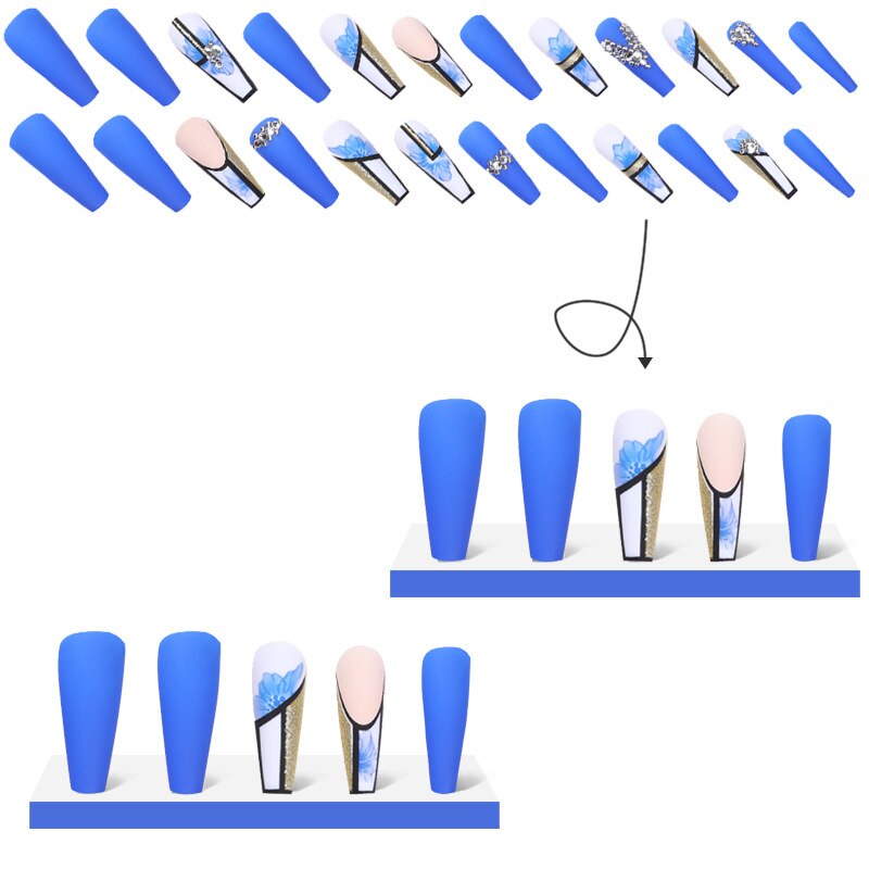 3D fake nails set blue flowers with glitter diamond designs Spicy Girl Matte long french coffin tips press on false nail supplie