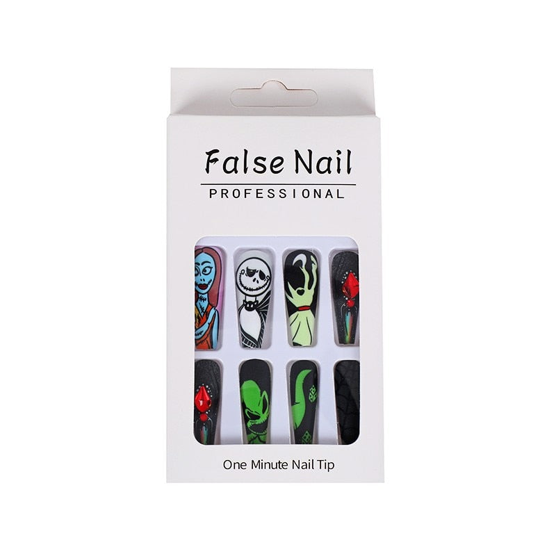 3D fake nails set for halloween party green ghost bride spider with rhinestones long french tips faux ongles press on false nail C with rhinestones