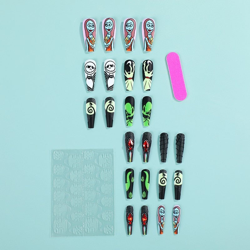 3D fake nails set for halloween party green ghost bride spider with rhinestones long french tips faux ongles press on false nail