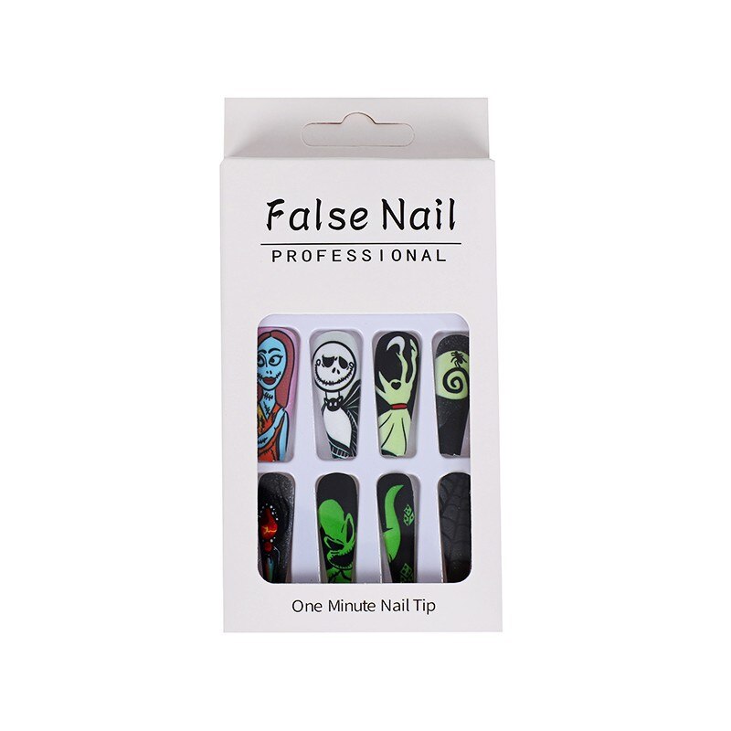 3D fake nails set for halloween party green ghost bride spider with rhinestones long french tips faux ongles press on false nail A with box