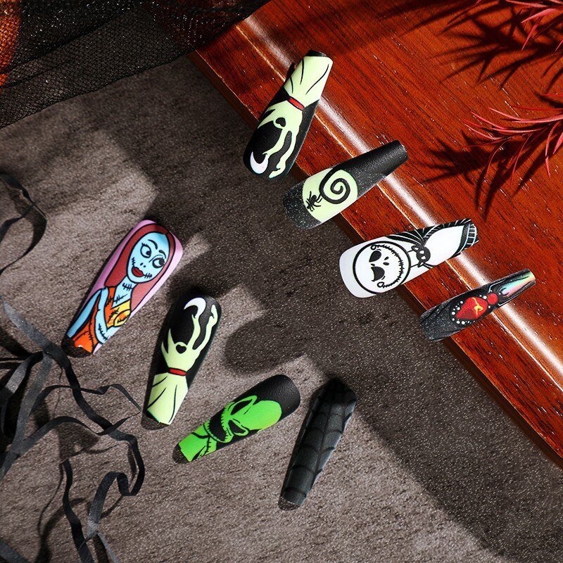 3D fake nails set for halloween party green ghost bride spider with rhinestones long french tips faux ongles press on false nail