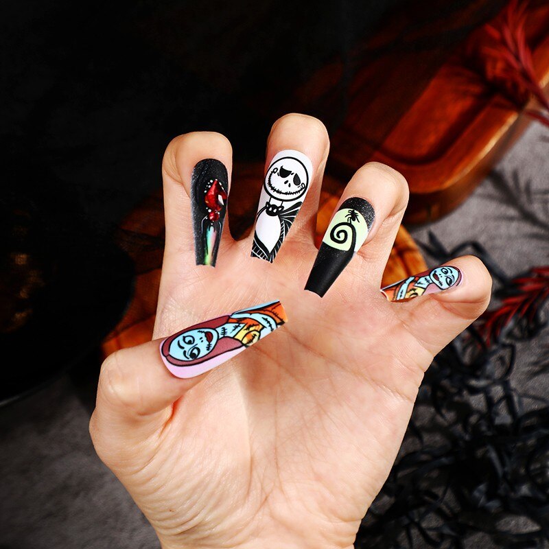 3D fake nails set for halloween party green ghost bride spider with rhinestones long french tips faux ongles press on false nail