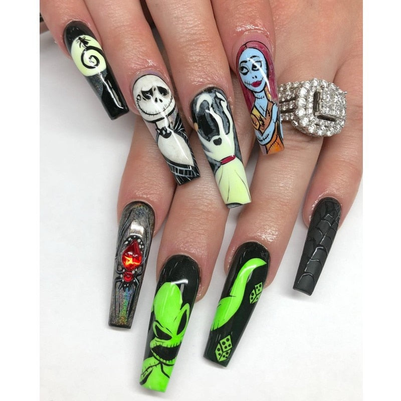 3D fake nails set for halloween party green ghost bride spider with rhinestones long french tips faux ongles press on false nail AMAIO