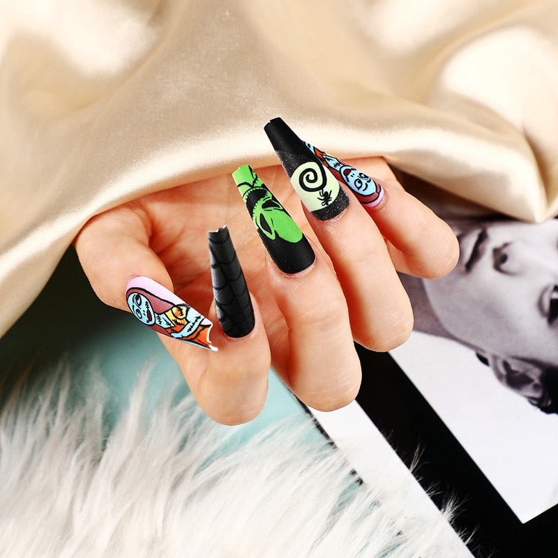 3D fake nails set for halloween party green ghost bride spider with rhinestones long french tips faux ongles press on false nail B no box