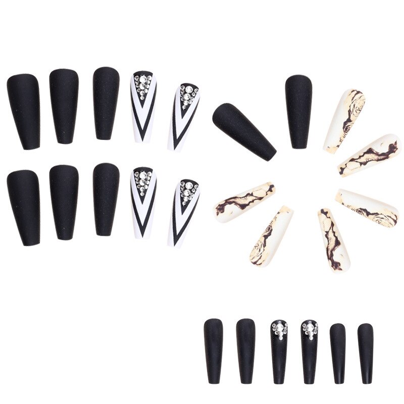 3D fake nails set long french coffin tips camellia flower lattice with glitter diamond faux ongles press on false nail supplies