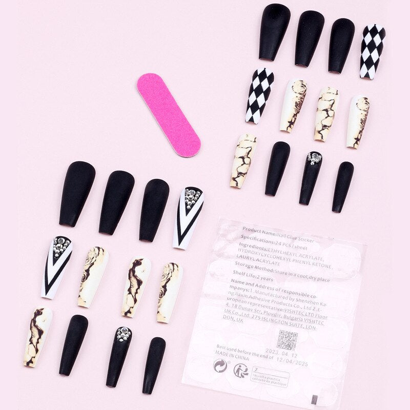 3D fake nails set long french coffin tips camellia flower lattice with glitter diamond faux ongles press on false nail supplies