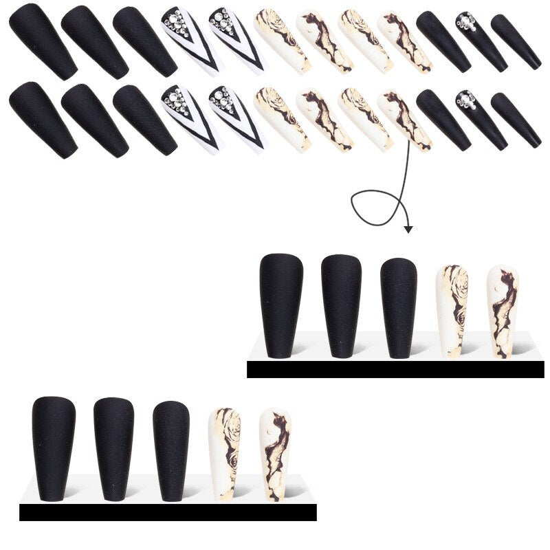 3D fake nails set long french coffin tips camellia flower lattice with glitter diamond faux ongles press on false nail supplies