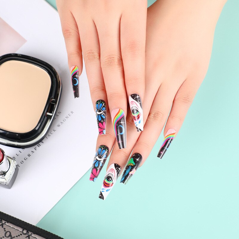 3D fake nails set press on faux ongles long french coffin tips Star Celestial Eye designs DIY manicure accessories false nails