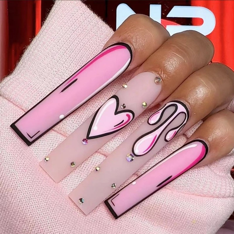 3D fake nails set press on faux ongles long french coffin tips pink heart Graffiti DIY manicure supplies false acrylic nail kit AMAIO