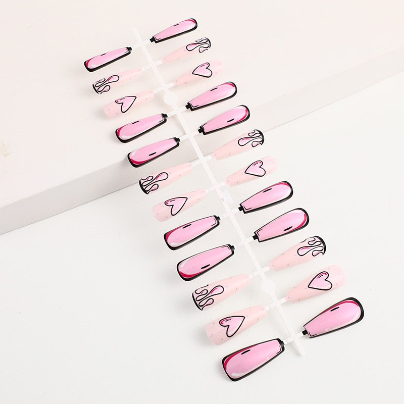 3D fake nails set press on faux ongles long french coffin tips pink heart Graffiti DIY manicure supplies false acrylic nail kit