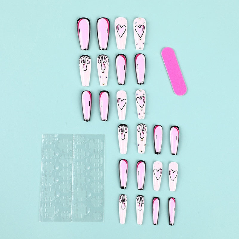 3D fake nails set press on faux ongles long french coffin tips pink heart Graffiti DIY manicure supplies false acrylic nail kit