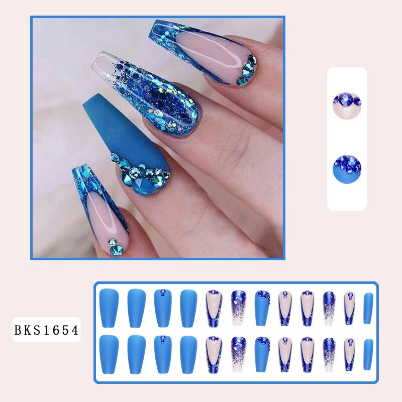 3D fake nails set with diamond glitters blue flakes designs middle size french tips faux ongles press on acrylic false nail art