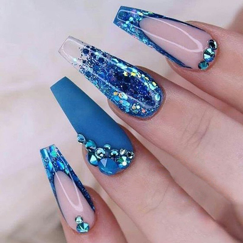 3D fake nails set with diamond glitters blue flakes designs middle size french tips faux ongles press on acrylic false nail art AMAIO