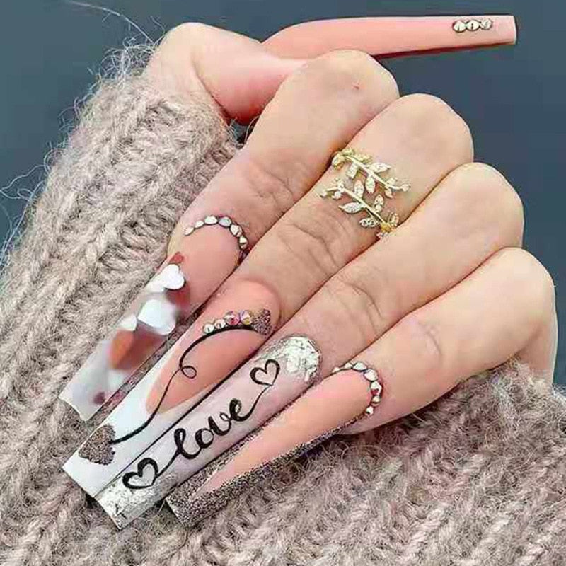 3D fake nails with pink heart glitter diamond designs long french coffin tips faux ongles press on false nail supplies set AMAIO
