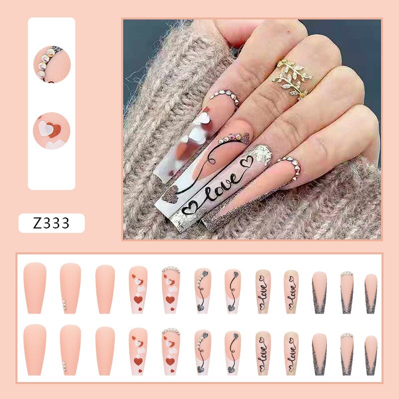 3D fake nails with pink heart glitter diamond designs long french coffin tips faux ongles press on false nail supplies set Default Title
