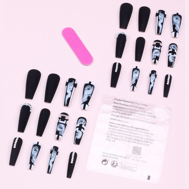 3D long fake nails black marbling Graffiti Aura french coffin tips with diamond faux ongles press on acrylic false nail supplies