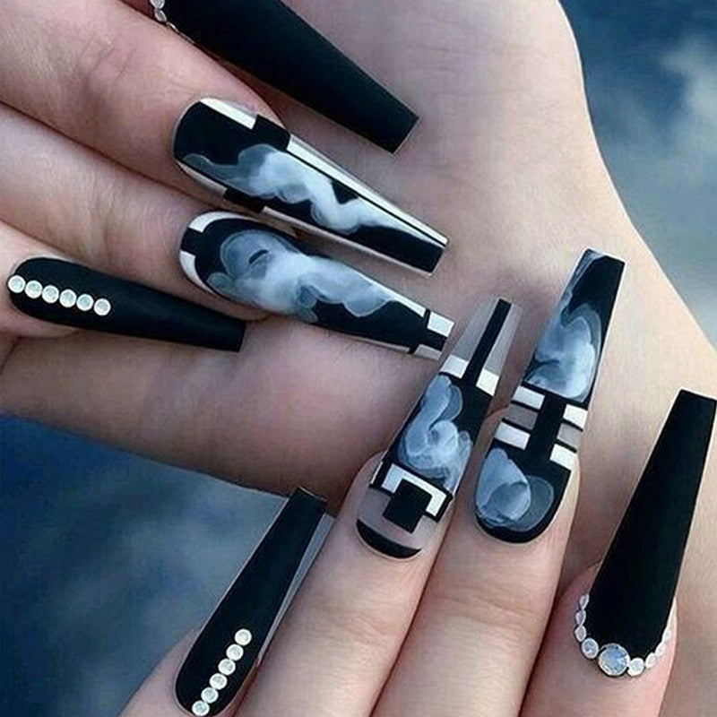 3D long fake nails black marbling Graffiti Aura french coffin tips with diamond faux ongles press on acrylic false nail supplies AMAIO