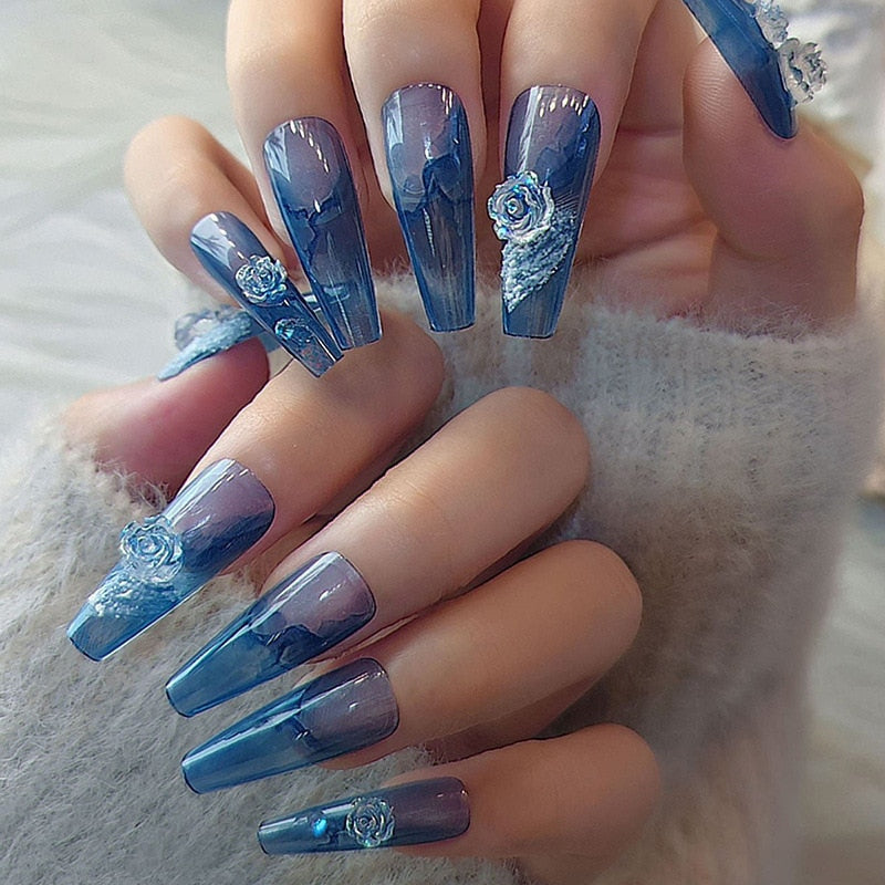 3D long fake nails set Aura Ice blue camellia flower design crystal french coffin tips faux ongles press on false nail supplies AMAIO