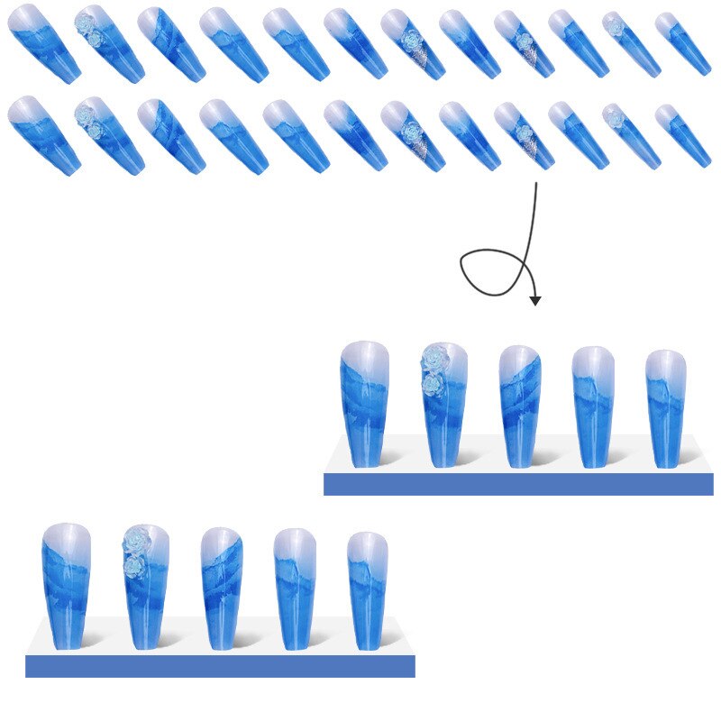 3D long fake nails set Aura Ice blue camellia flower design crystal french coffin tips faux ongles press on false nail supplies