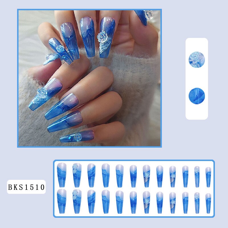 3D long fake nails set Aura Ice blue camellia flower design crystal french coffin tips faux ongles press on false nail supplies