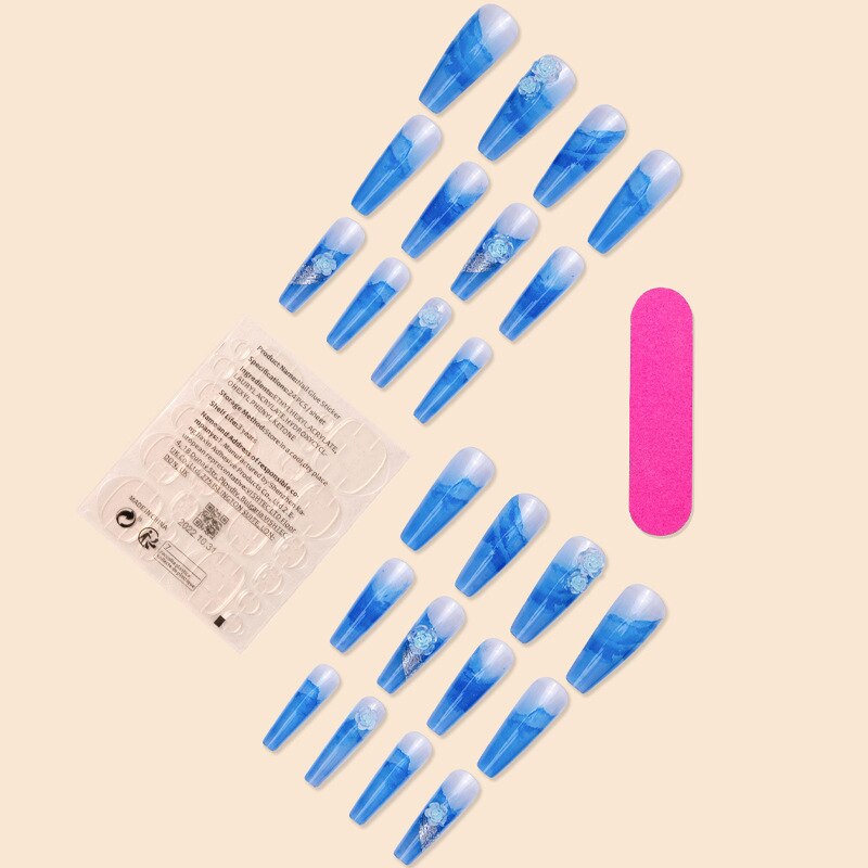 3D long fake nails set Aura Ice blue camellia flower design crystal french coffin tips faux ongles press on false nail supplies