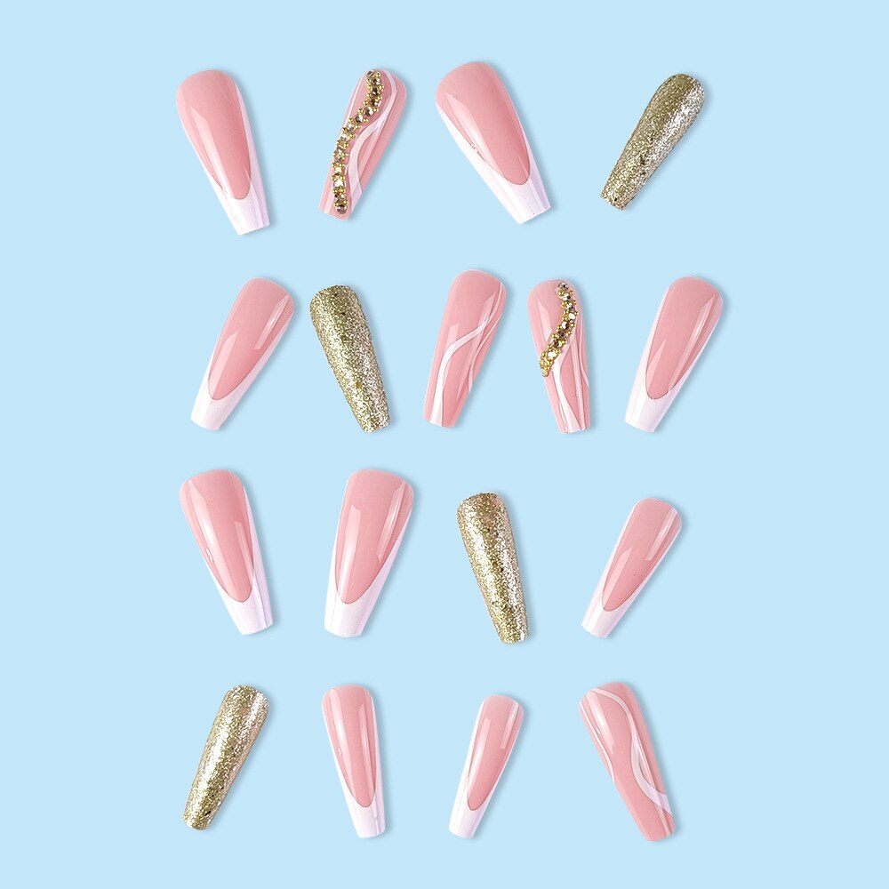 3D nude pink strobe fake nails accessories long french coffin tips with glitter diamond faux ongles press on false nail supplies