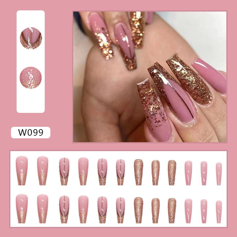 3D strobe ballet fake nails accessories rose gold glitters long french coffin tips faux ongles press on false nail supplies set