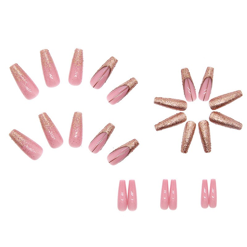 3D strobe ballet fake nails accessories rose gold glitters long french coffin tips faux ongles press on false nail supplies set