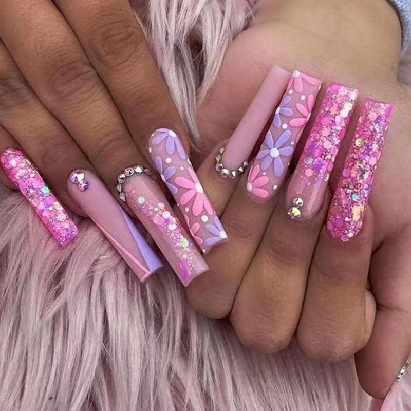 3D strobe fake nails Pink purple flowers with glitter diamond flakes long french coffin tips faux ongles press on false nail set AMAIO