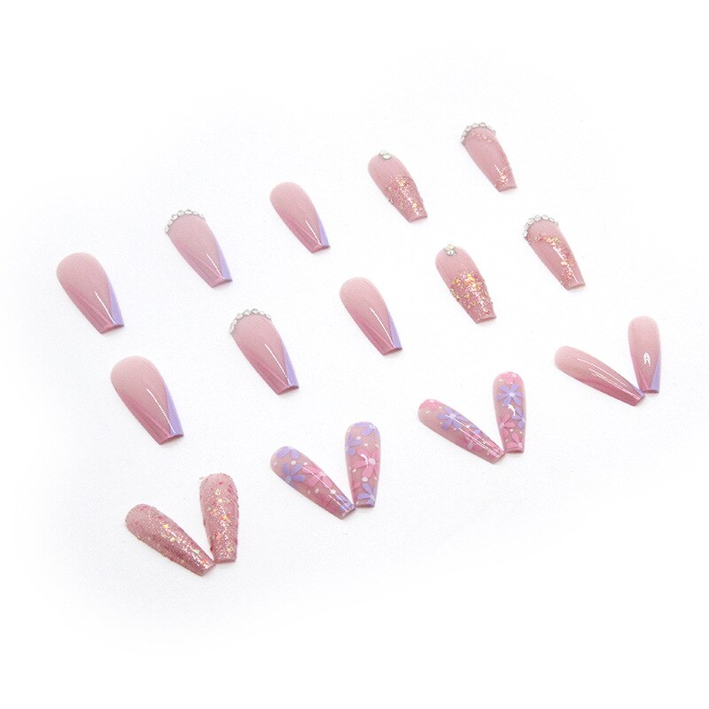 3D strobe fake nails Pink purple flowers with glitter diamond flakes long french coffin tips faux ongles press on false nail set