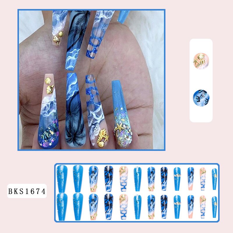 3D strobe fake nails accessories Hand painted beach wearing long french coffin tips with shells diamond press on false nail set