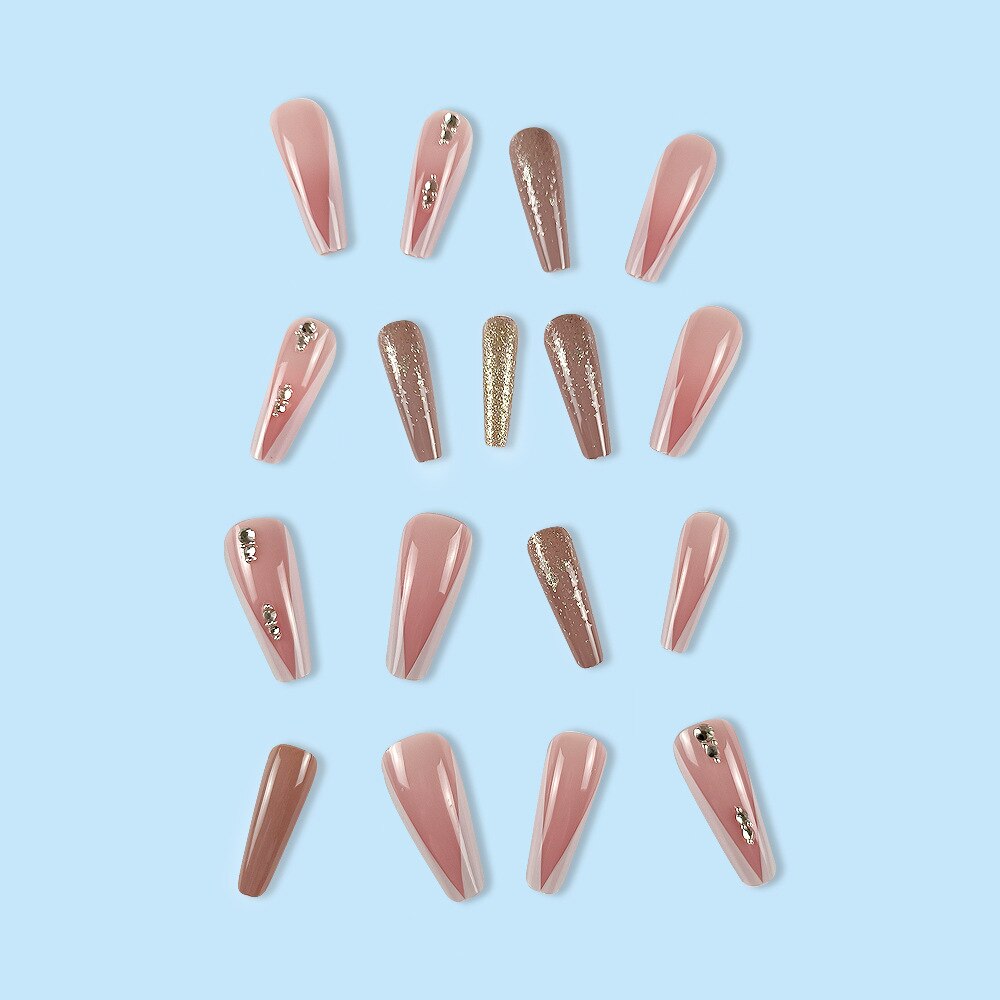 3D strobe fake nails accessories gold glitters pink french coffin tips with diamond faux ongles press on acrylic false nails set