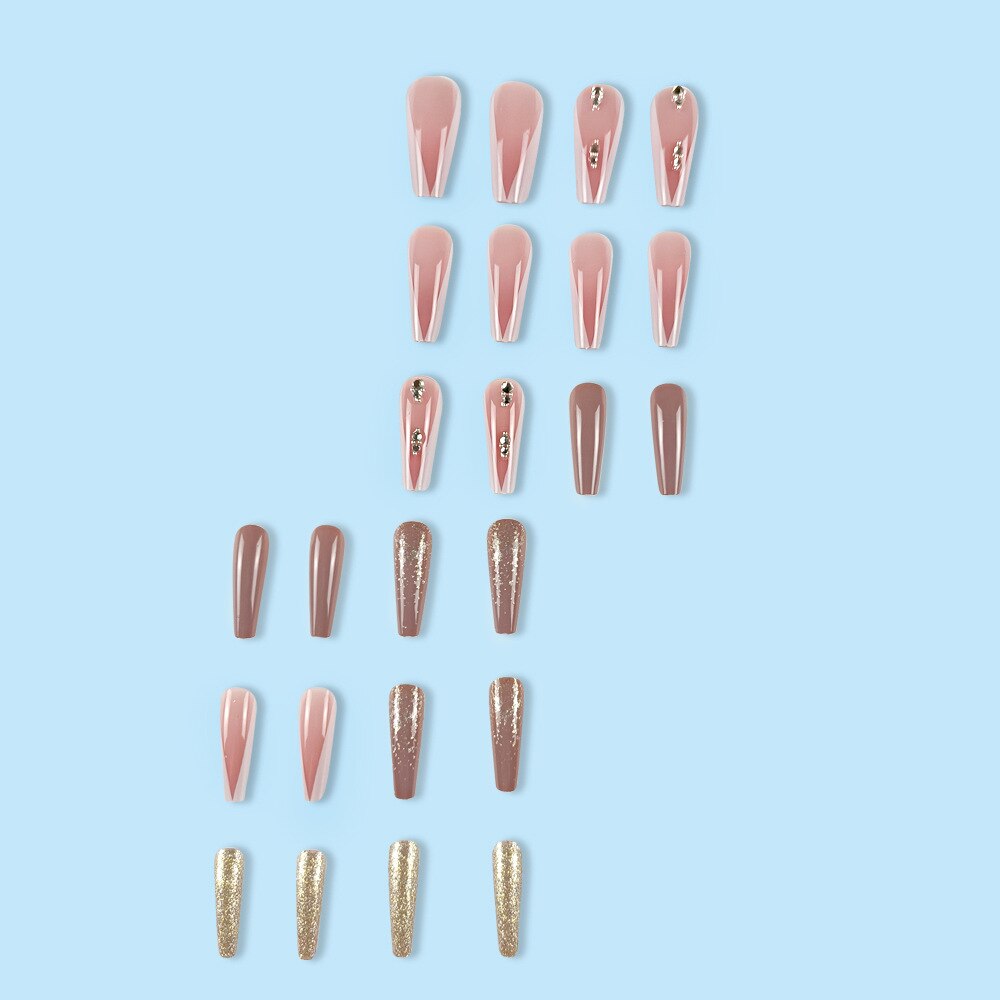 3D strobe fake nails accessories gold glitters pink french coffin tips with diamond faux ongles press on acrylic false nails set