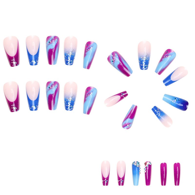 3D strobe fake nails accessories gradient blue purple with flash glitters diamond designs faux ongles press on false nail set