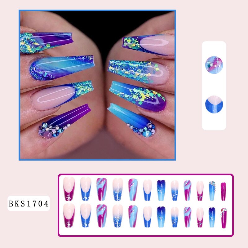 3D strobe fake nails accessories gradient blue purple with flash glitters diamond designs faux ongles press on false nail set Default Title