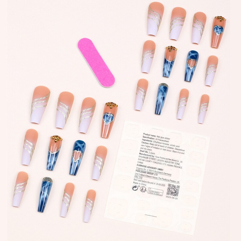3D strobe fake nails accessories nude blue long french coffin tips with diamond glitters heart design faux ongles press on nails