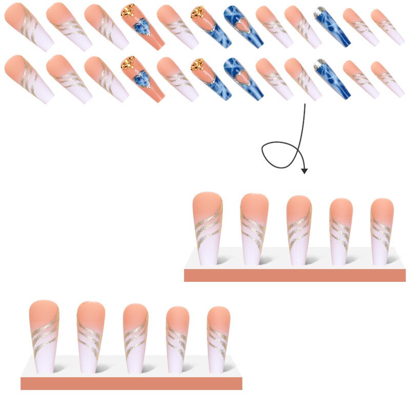 3D strobe fake nails accessories nude blue long french coffin tips with diamond glitters heart design faux ongles press on nails