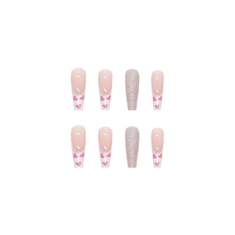 3D strobe fake nails pink heart with flash glitter diamond designs long french coffin tips faux ongles press on false nail set