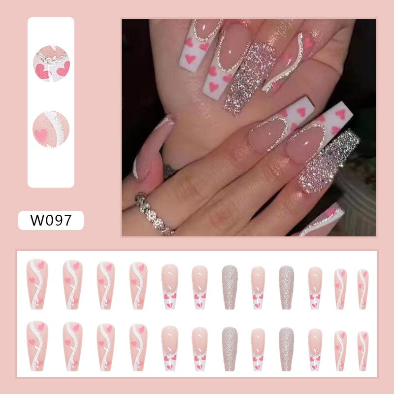 3D strobe fake nails pink heart with flash glitter diamond designs long french coffin tips faux ongles press on false nail set Default Title