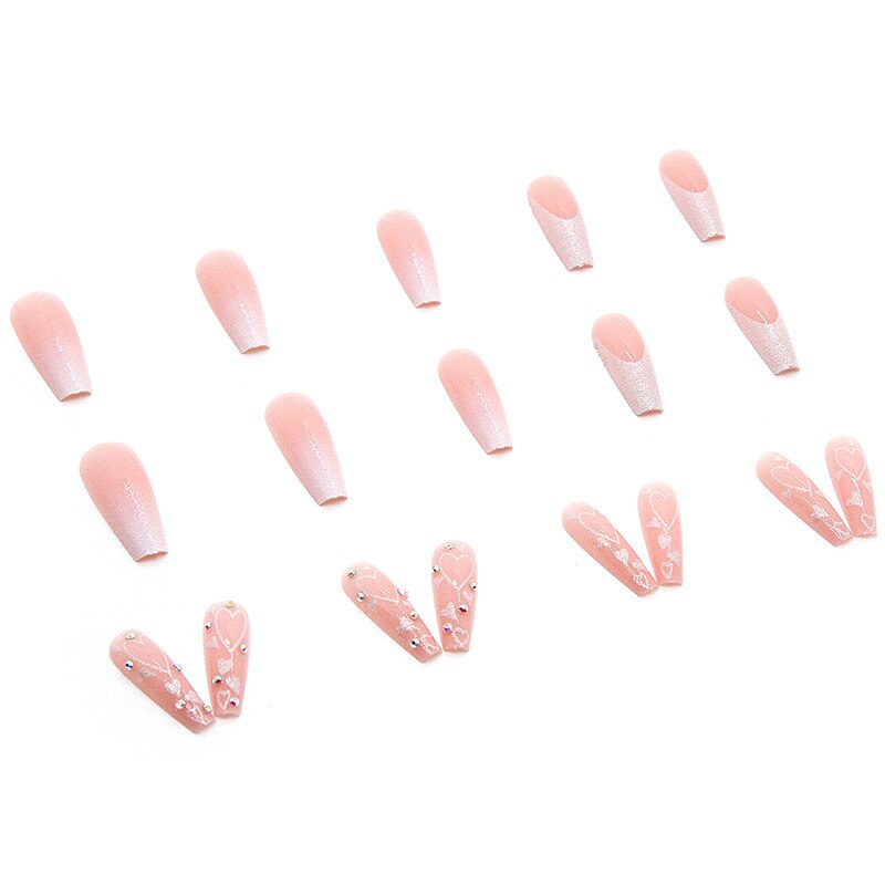 3D strobe fake nails set diamond glitter heart nude pink french long coffin tips faux ongles press on false nail supplies kit